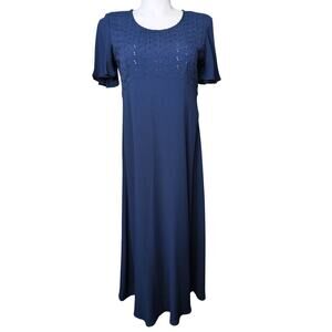 Vintage 90s Empire Waist Maxi Dress 12 Eyelet Lace Cottage Country Prairie Blue